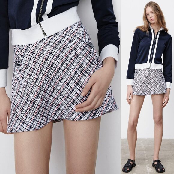 NEW Zara Tweed Textured Weave Nautical Anchor Button High Waist Mini Skirt S - Picture 1 of 10